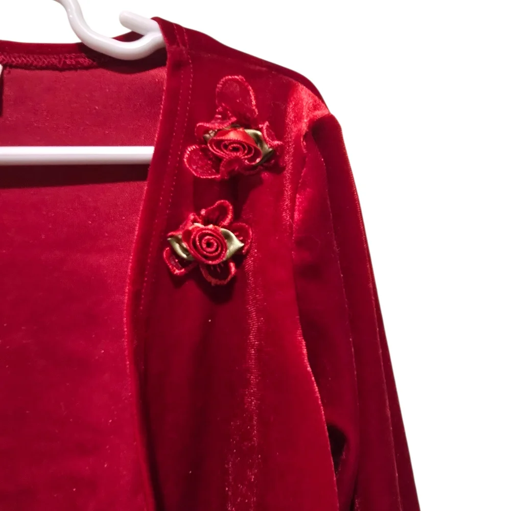 Youngland Scarlet Velvet Cropped Dress Cardigan with Floral Detail